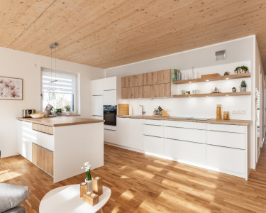 Moderne Küche mit Holzboden, weißen Möbeln und Holzdecke. Insel mit Holzplatte, Regale mit Pflanzen und Geschirr, Fensterblick.