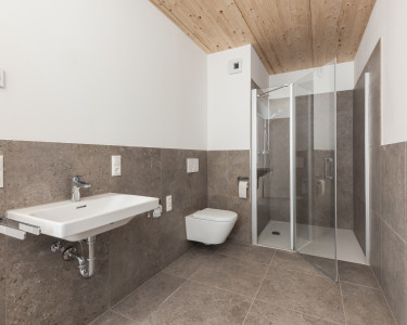 Modernes Badezimmer mit gefliestem Boden, Wandwaschbecken, wandhängendem WC und Dusche mit Glastür, Holzdecke oben.
